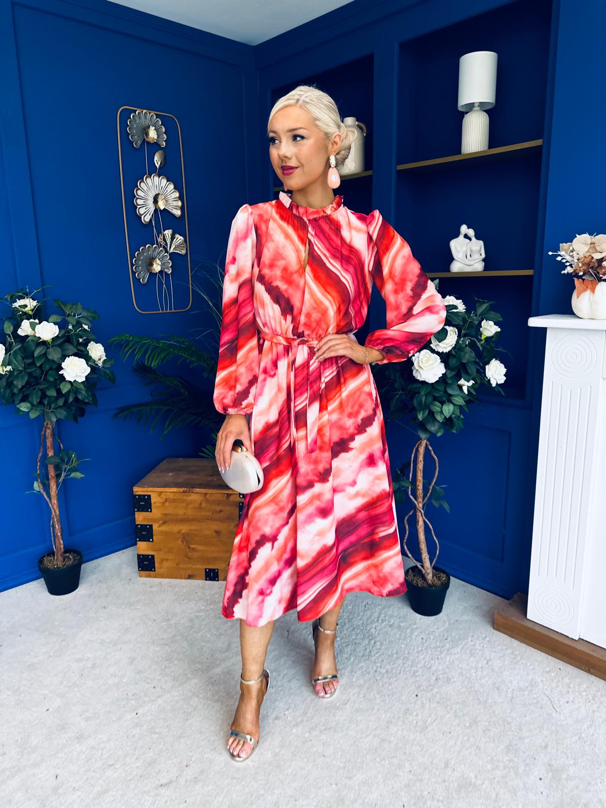 Meghan High Neck Midi Dress Marble Ruby