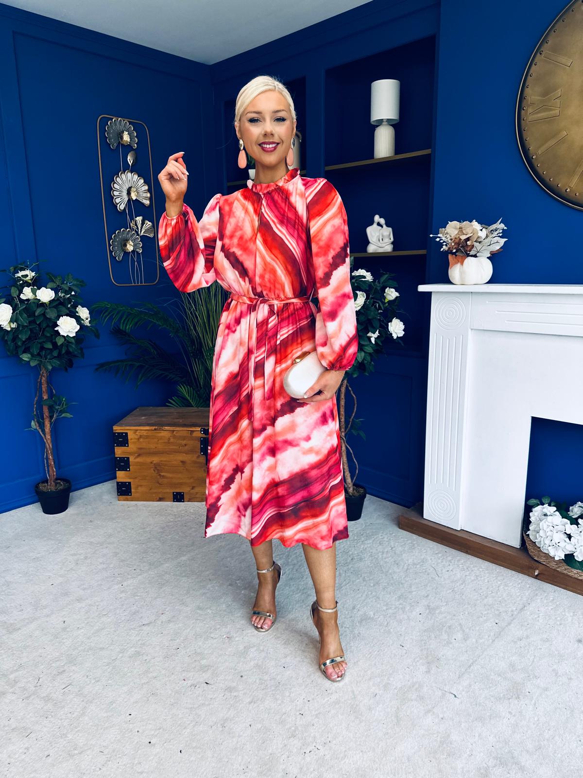 Meghan High Neck Midi Dress Marble Ruby