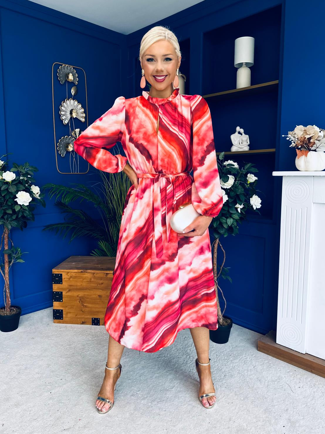 Meghan High Neck Midi Dress Marble Ruby