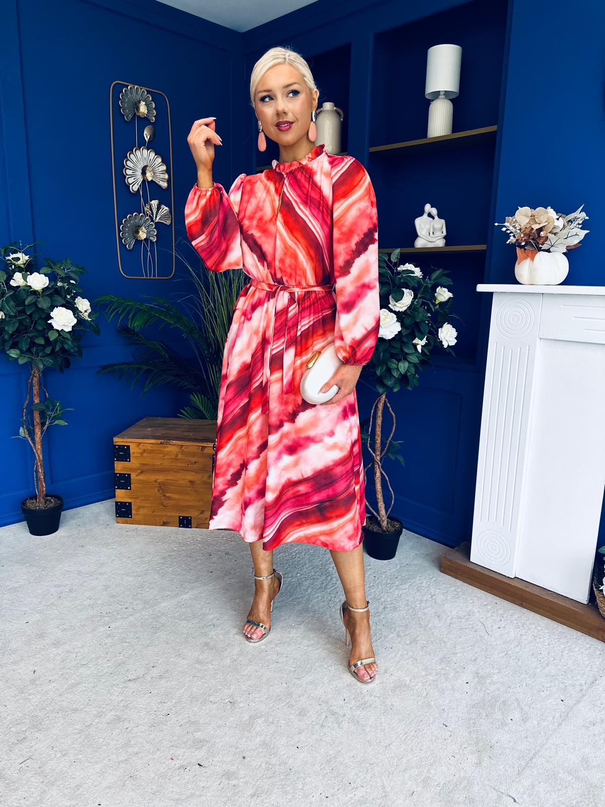 Meghan High Neck Midi Dress Marble Ruby
