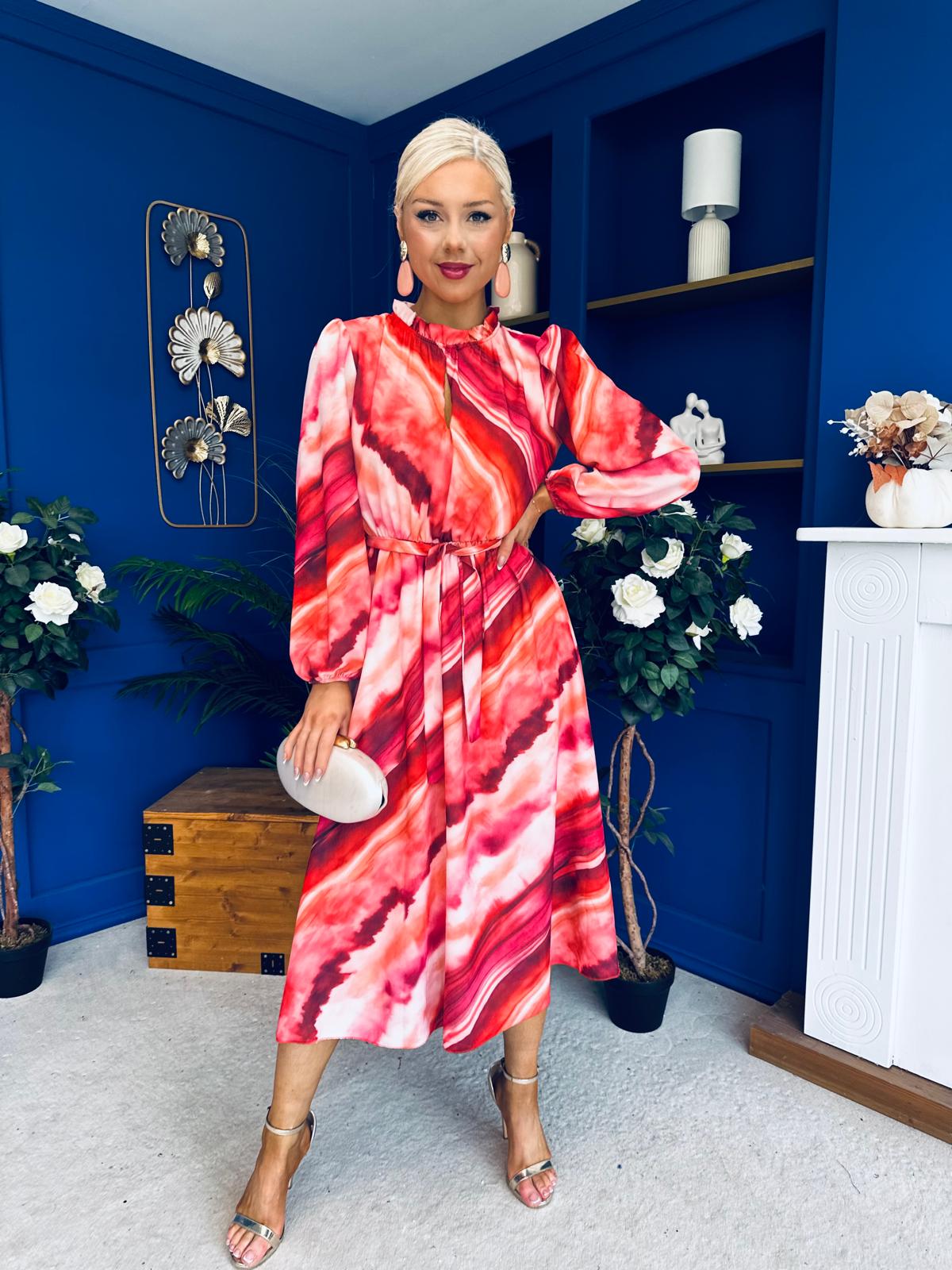 Meghan High Neck Midi Dress Marble Ruby