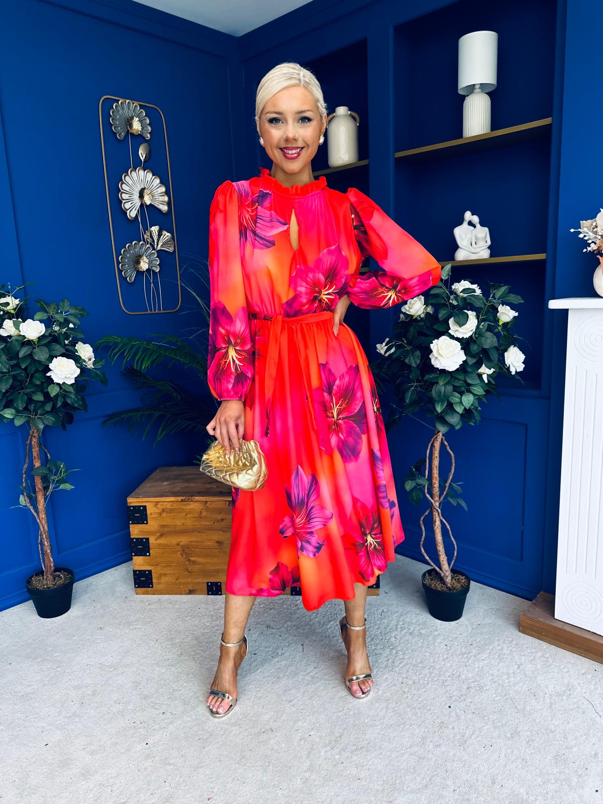Meghan High Neck Midi Dress Floral Coral