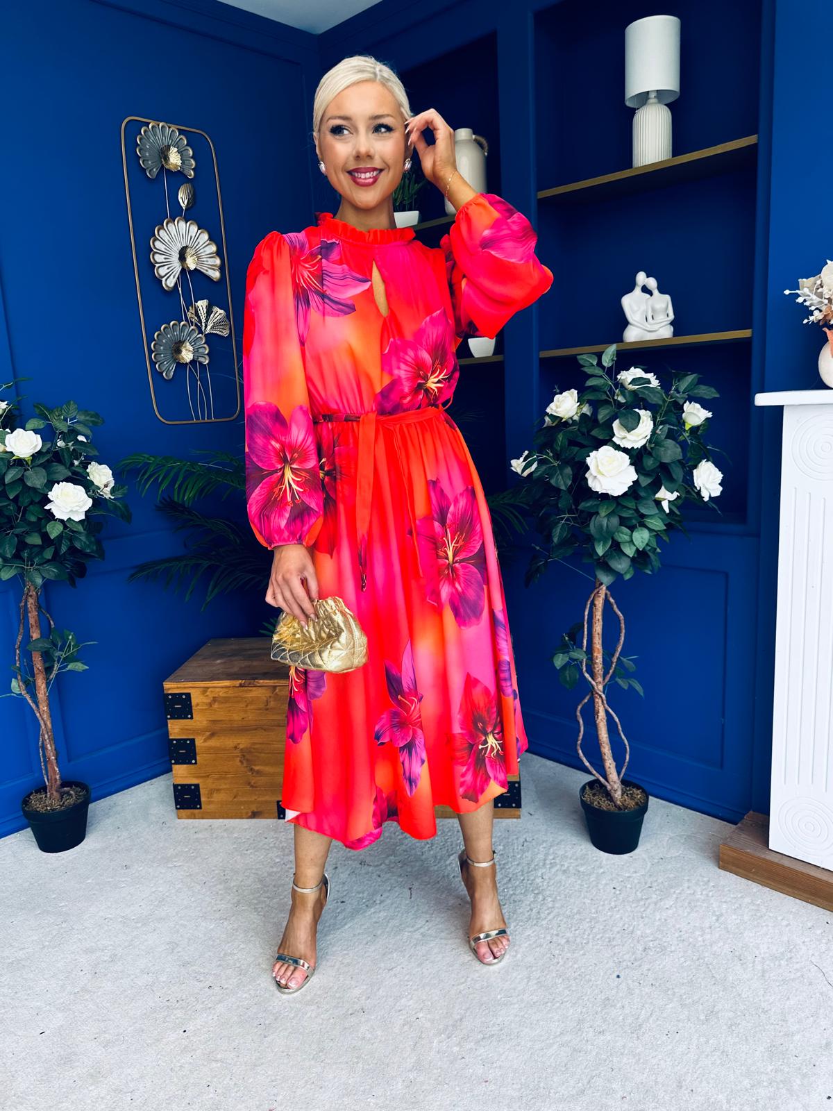 Meghan High Neck Midi Dress Floral Coral