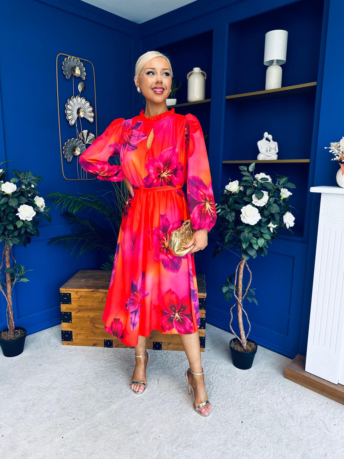 Meghan High Neck Midi Dress Floral Coral