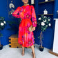 Meghan High Neck Midi Dress Floral Coral