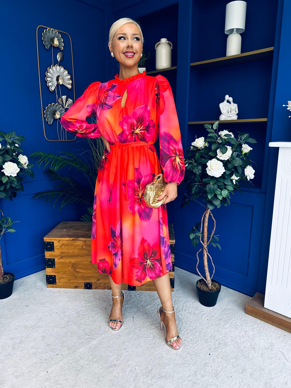 Meghan High Neck Midi Dress Floral Coral