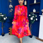 Meghan High Neck Midi Dress Floral Coral