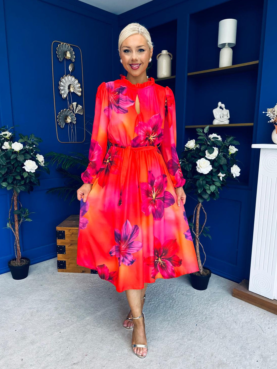Meghan High Neck Midi Dress Floral Coral