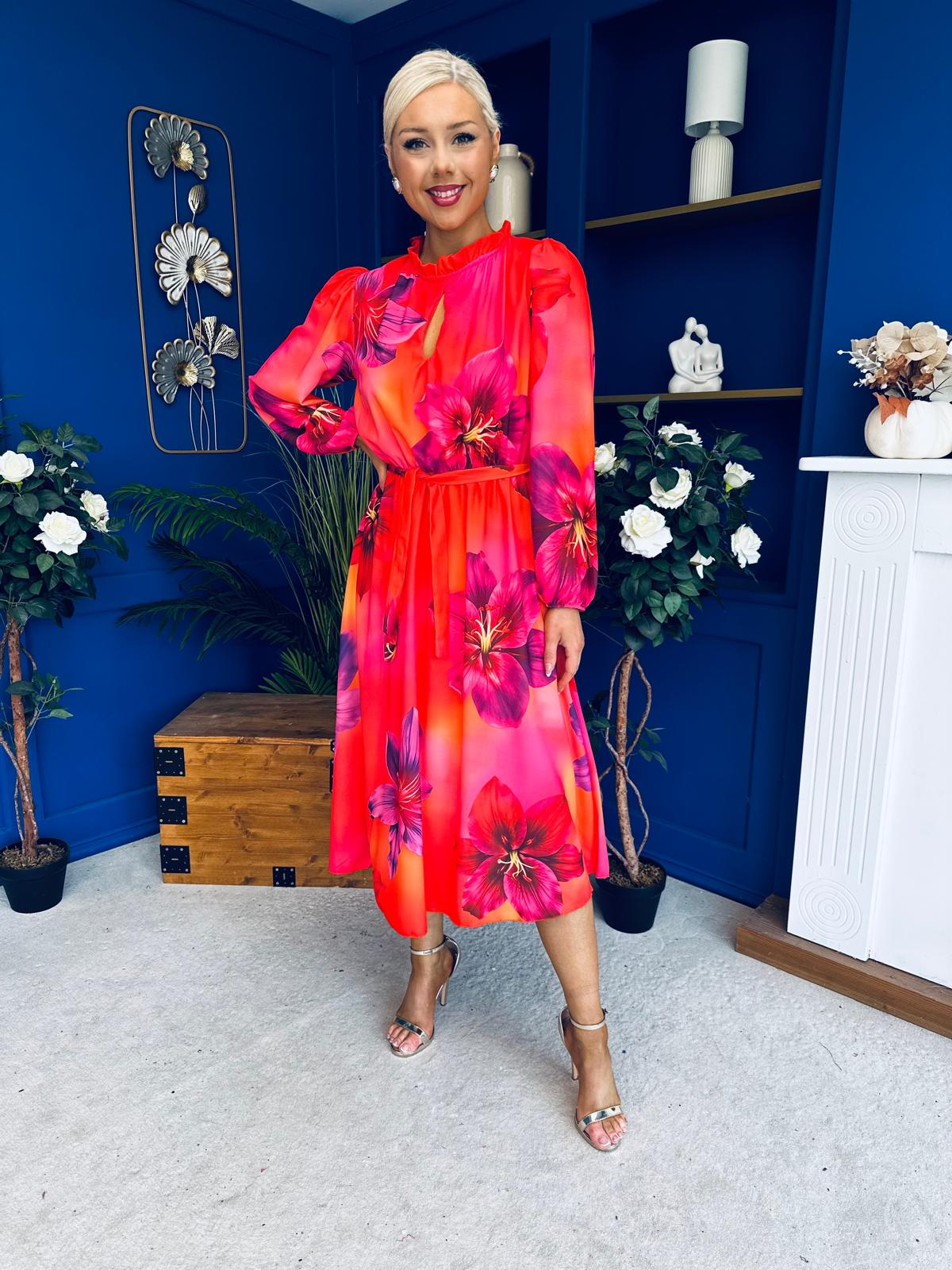 Meghan High Neck Midi Dress Floral Coral