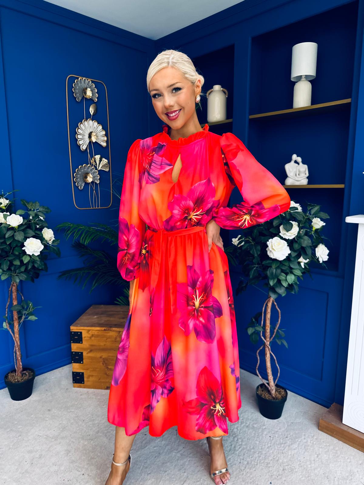 Meghan High Neck Midi Dress Floral Coral