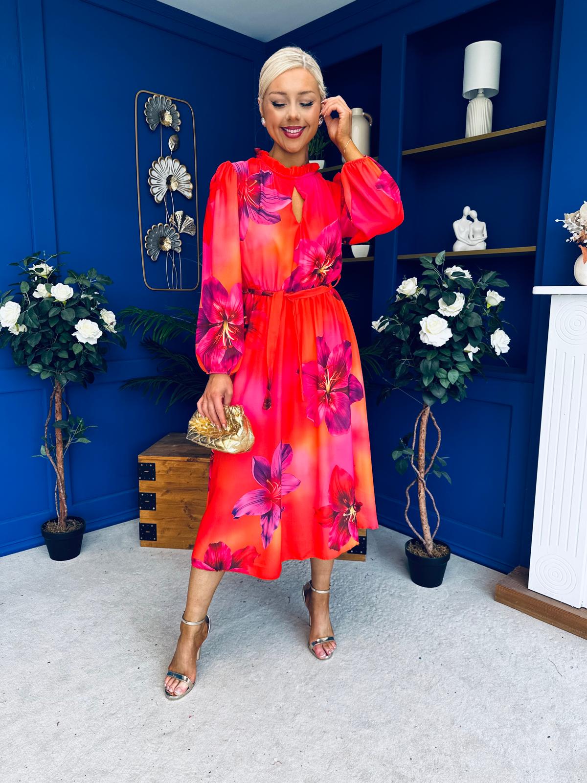 Meghan High Neck Midi Dress Floral Coral