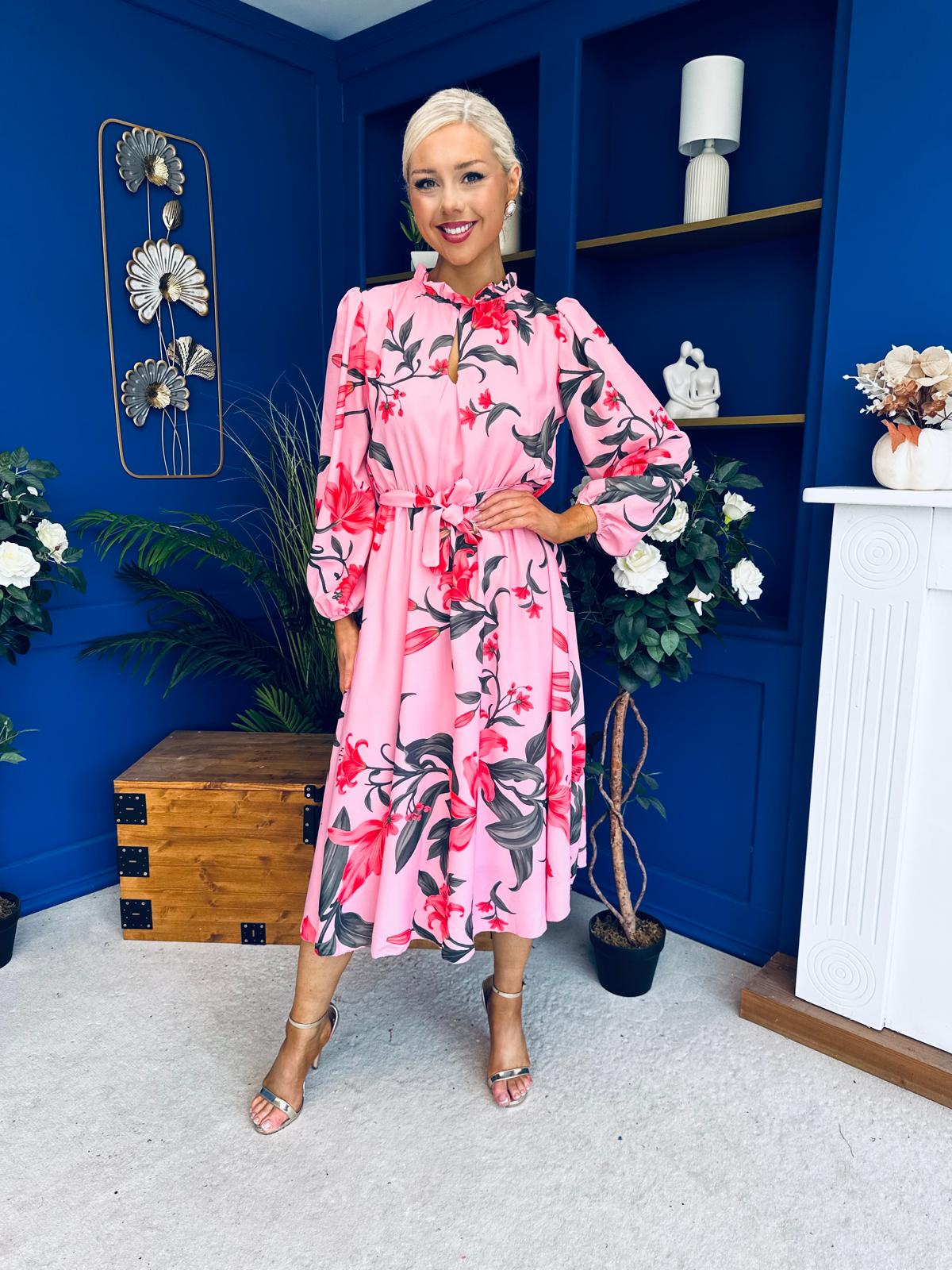 Meghan High Neck Midi Dress Floral Cerise