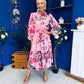 Meghan High Neck Midi Dress Floral Cerise