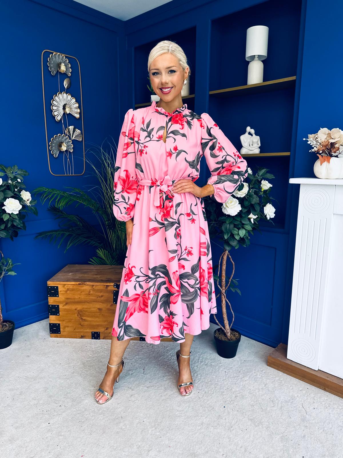 Meghan High Neck Midi Dress Floral Cerise