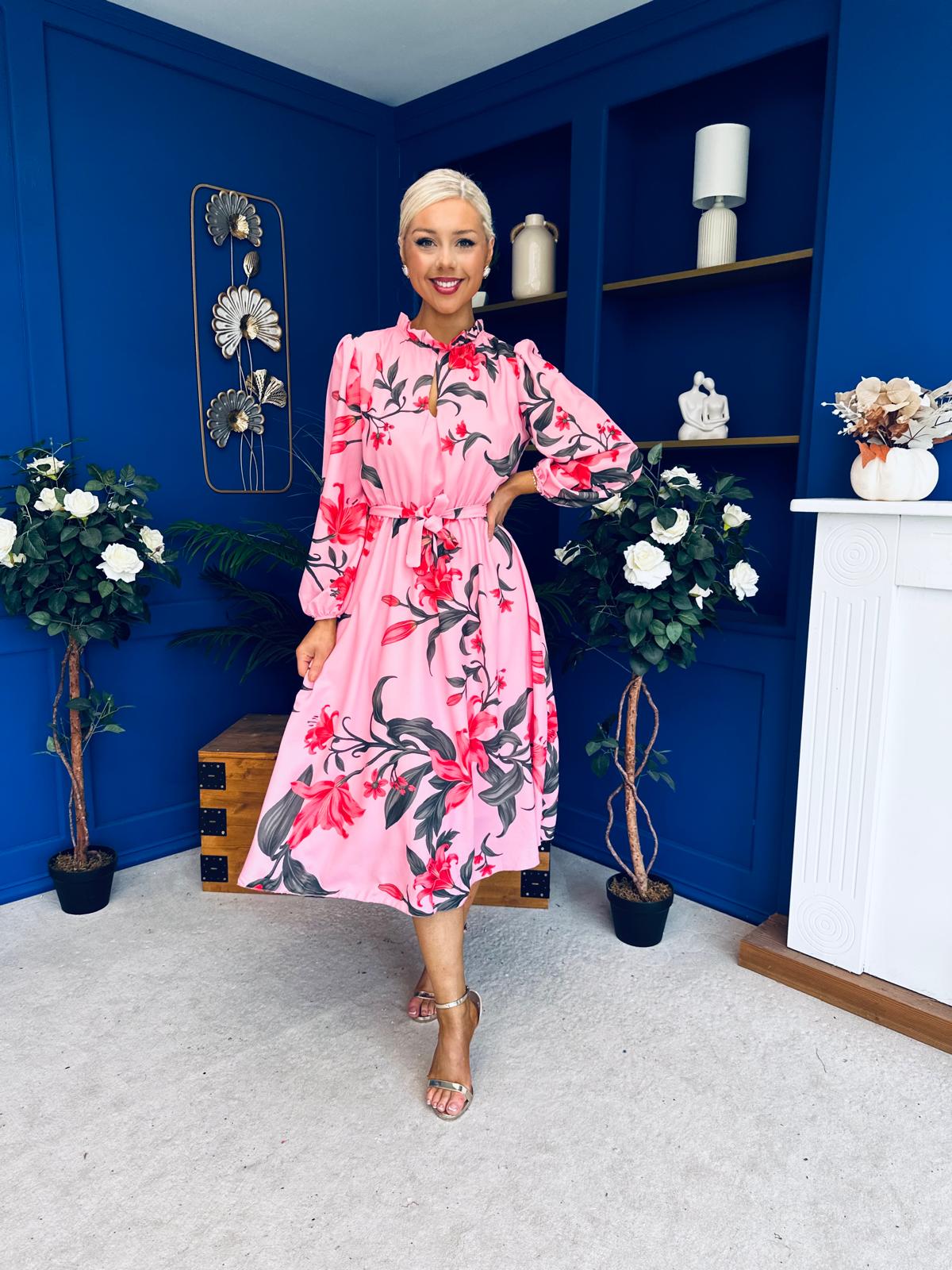 Meghan High Neck Midi Dress Floral Cerise
