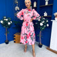 Meghan High Neck Midi Dress Floral Cerise