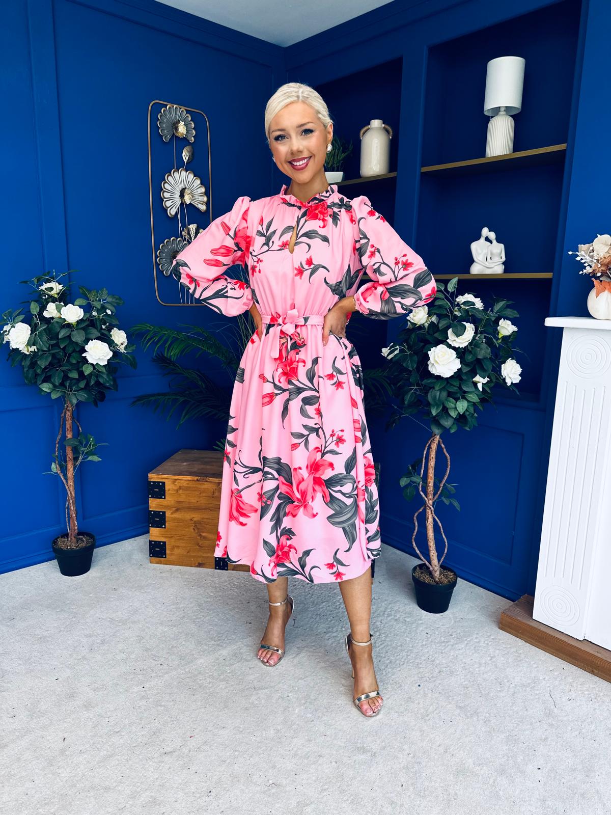 Meghan High Neck Midi Dress Floral Cerise