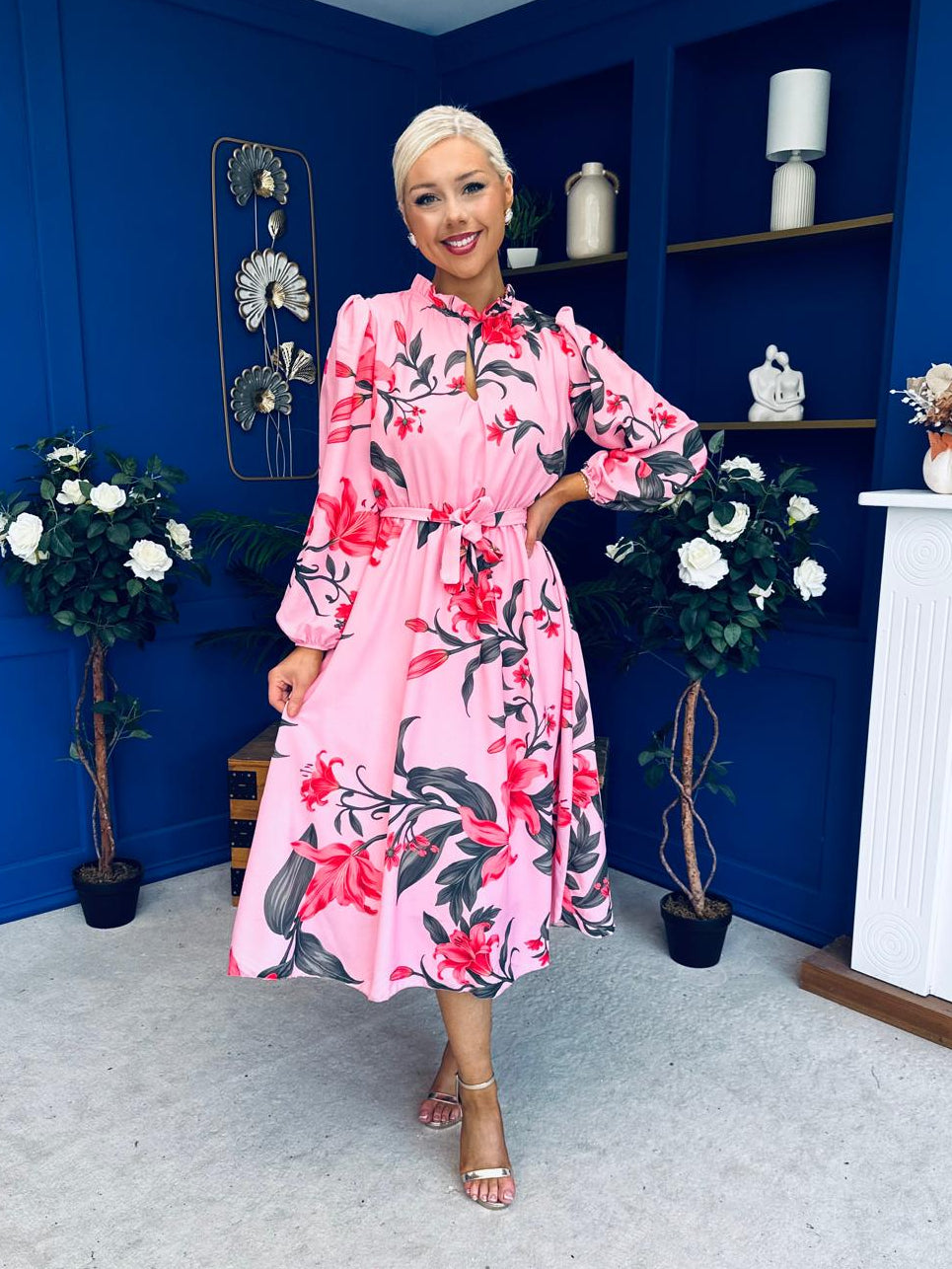 Meghan High Neck Midi Dress Floral Cerise