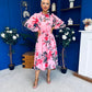 Meghan High Neck Midi Dress Floral Cerise