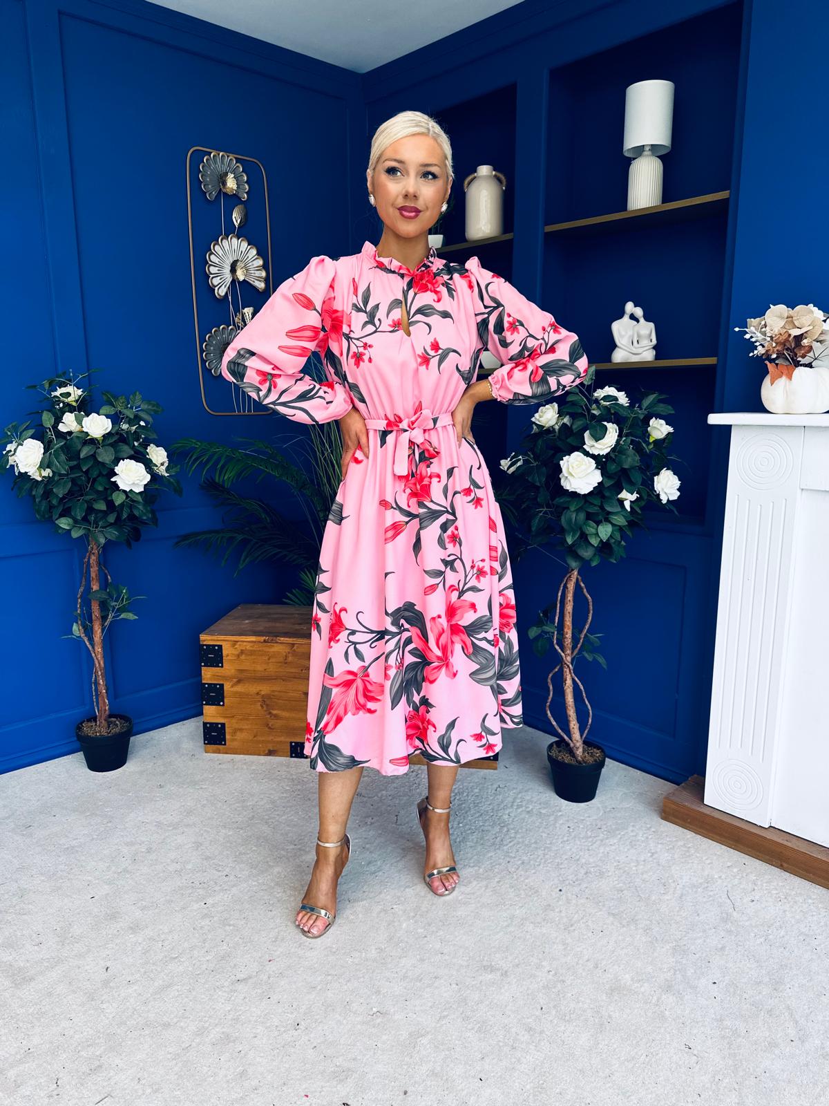 Meghan High Neck Midi Dress Floral Cerise