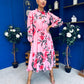 Meghan High Neck Midi Dress Floral Cerise