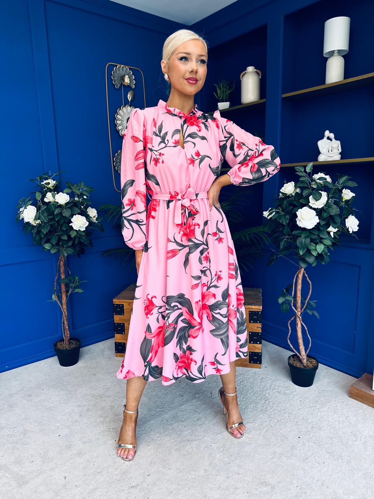 Meghan High Neck Midi Dress Floral Cerise