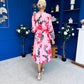 Meghan High Neck Midi Dress Floral Cerise