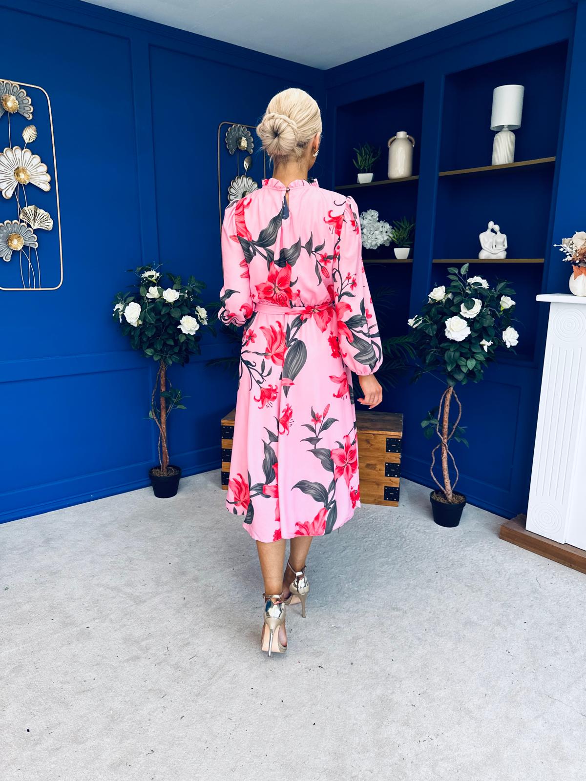 Meghan High Neck Midi Dress Floral Cerise