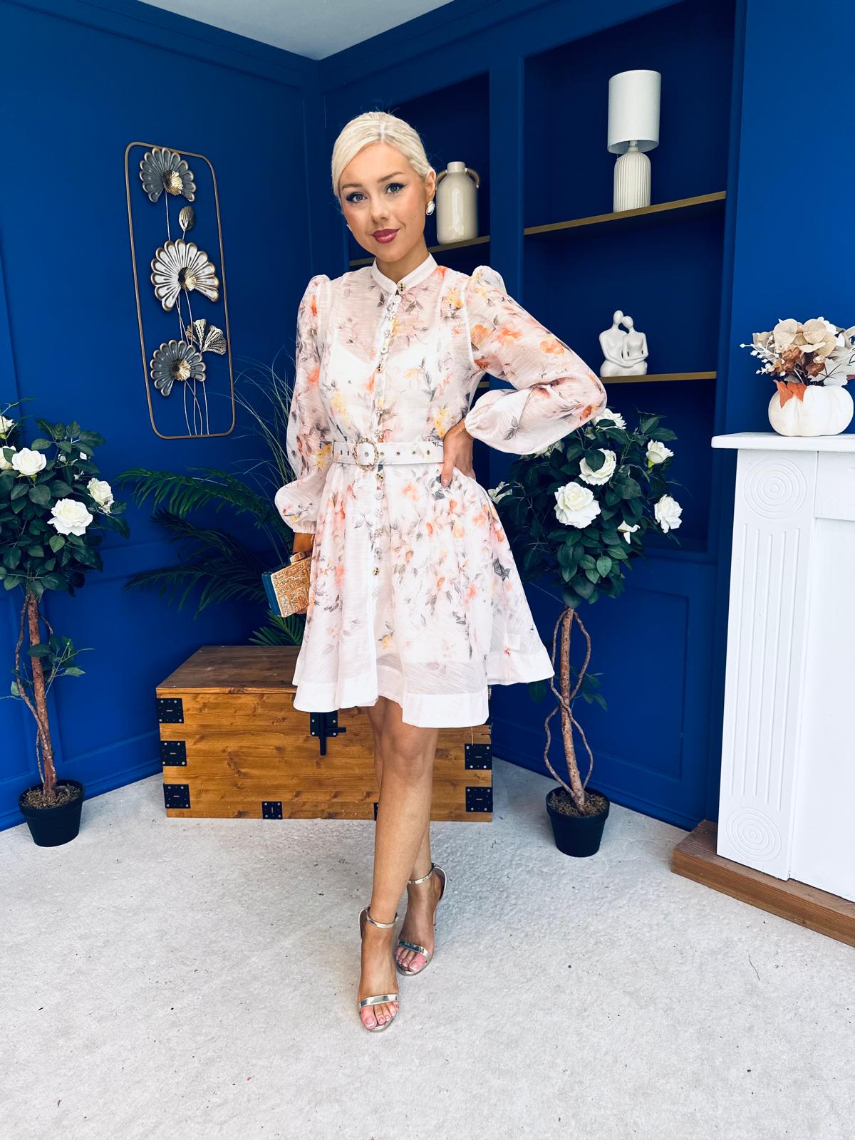 Haven Belted Mini Shirt Dress Floral Peach