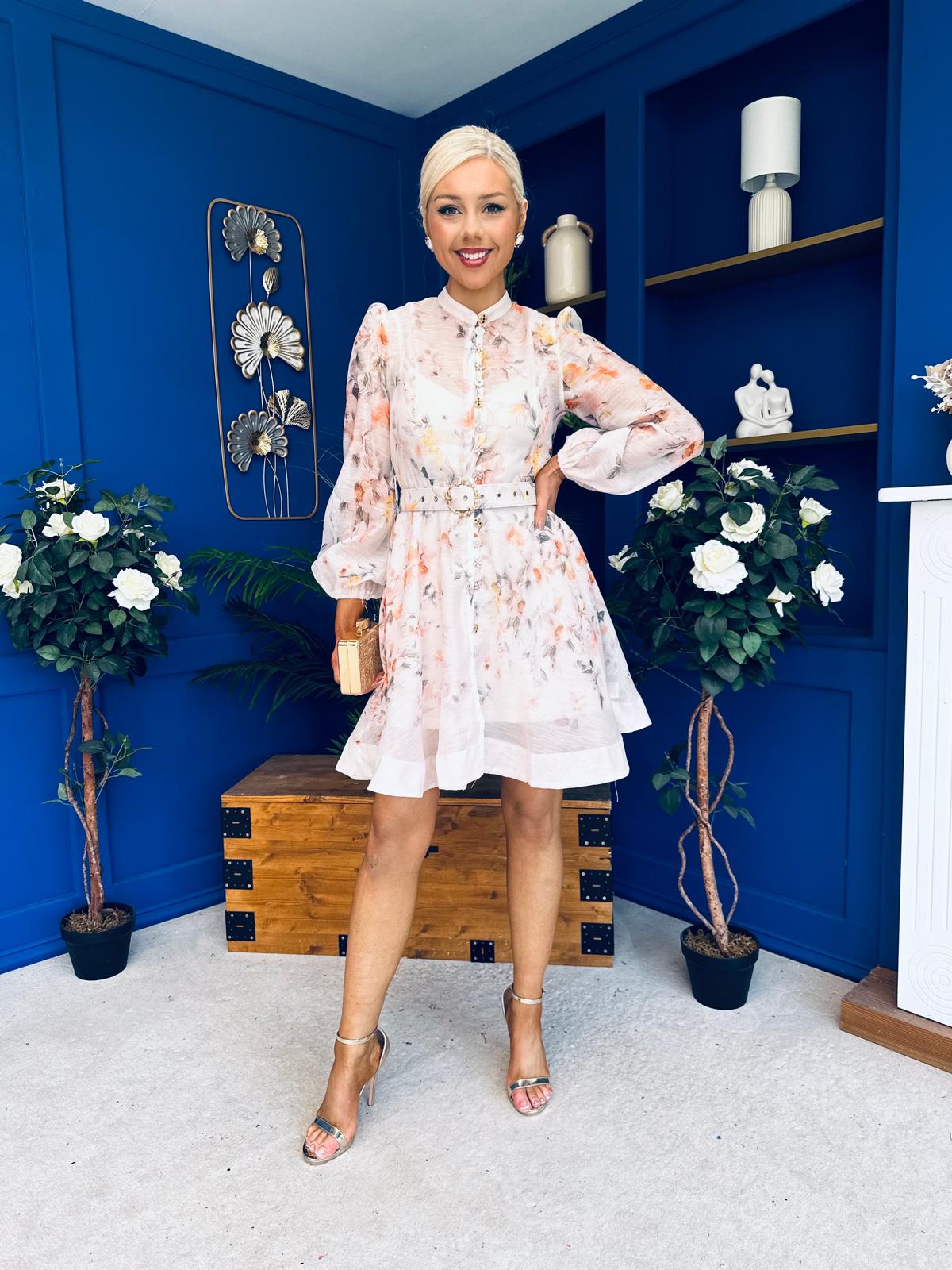 Haven Belted Mini Shirt Dress Floral Peach