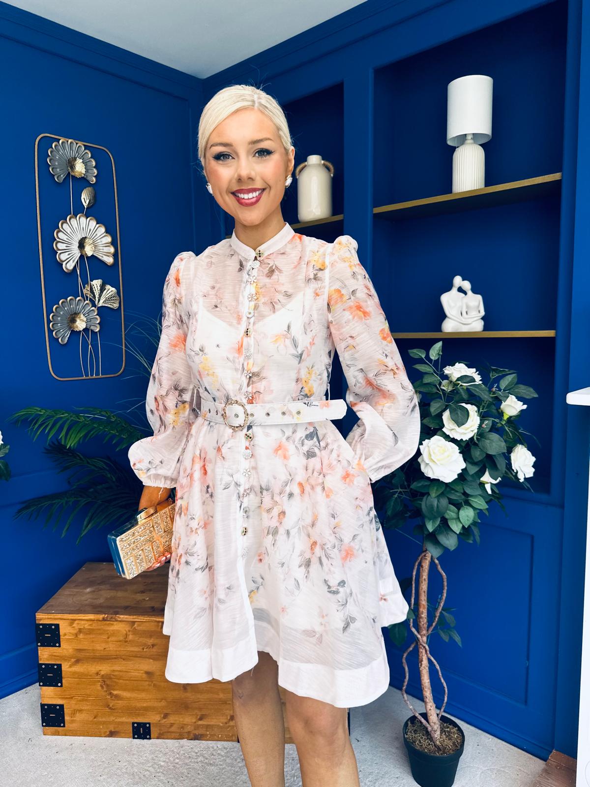 Haven Belted Mini Shirt Dress Floral Peach