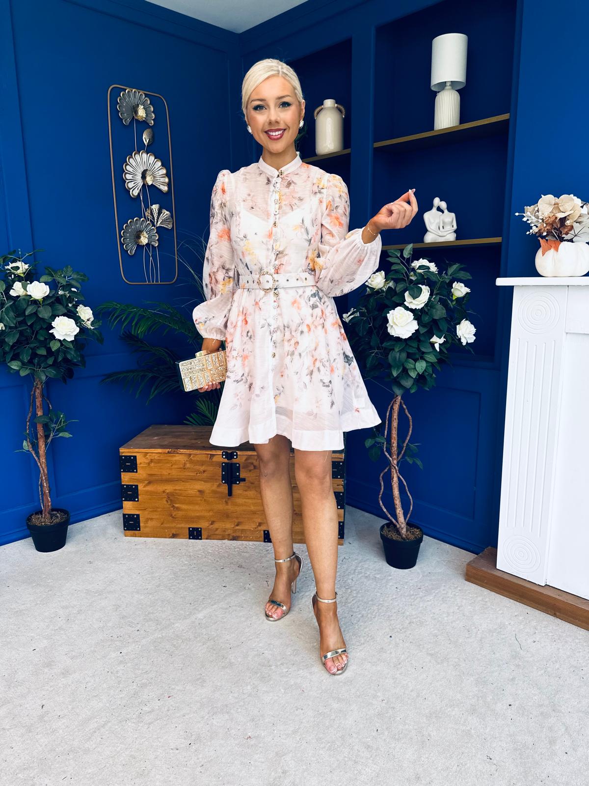 Haven Belted Mini Shirt Dress Floral Peach