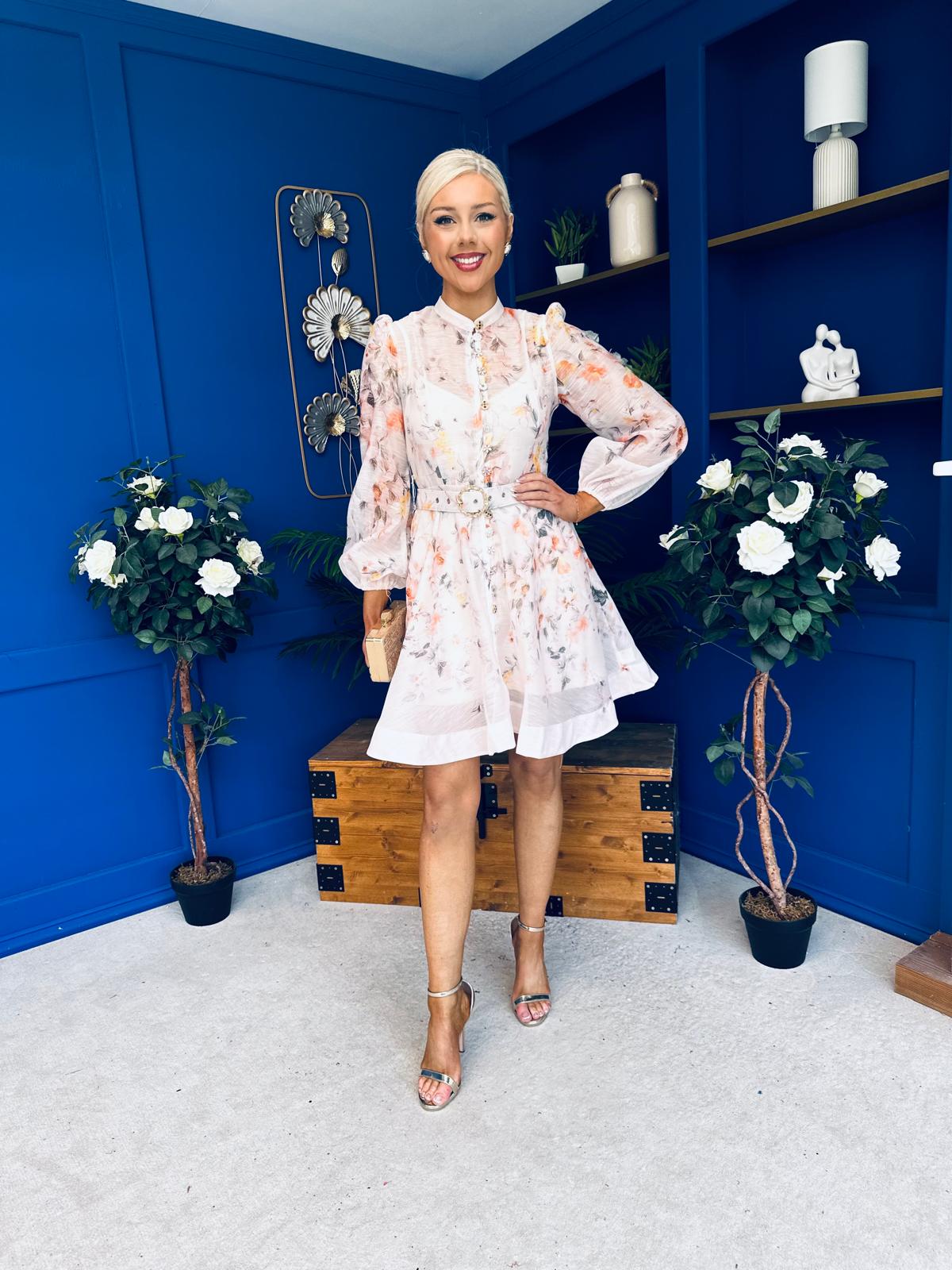 Haven Belted Mini Shirt Dress Floral Peach