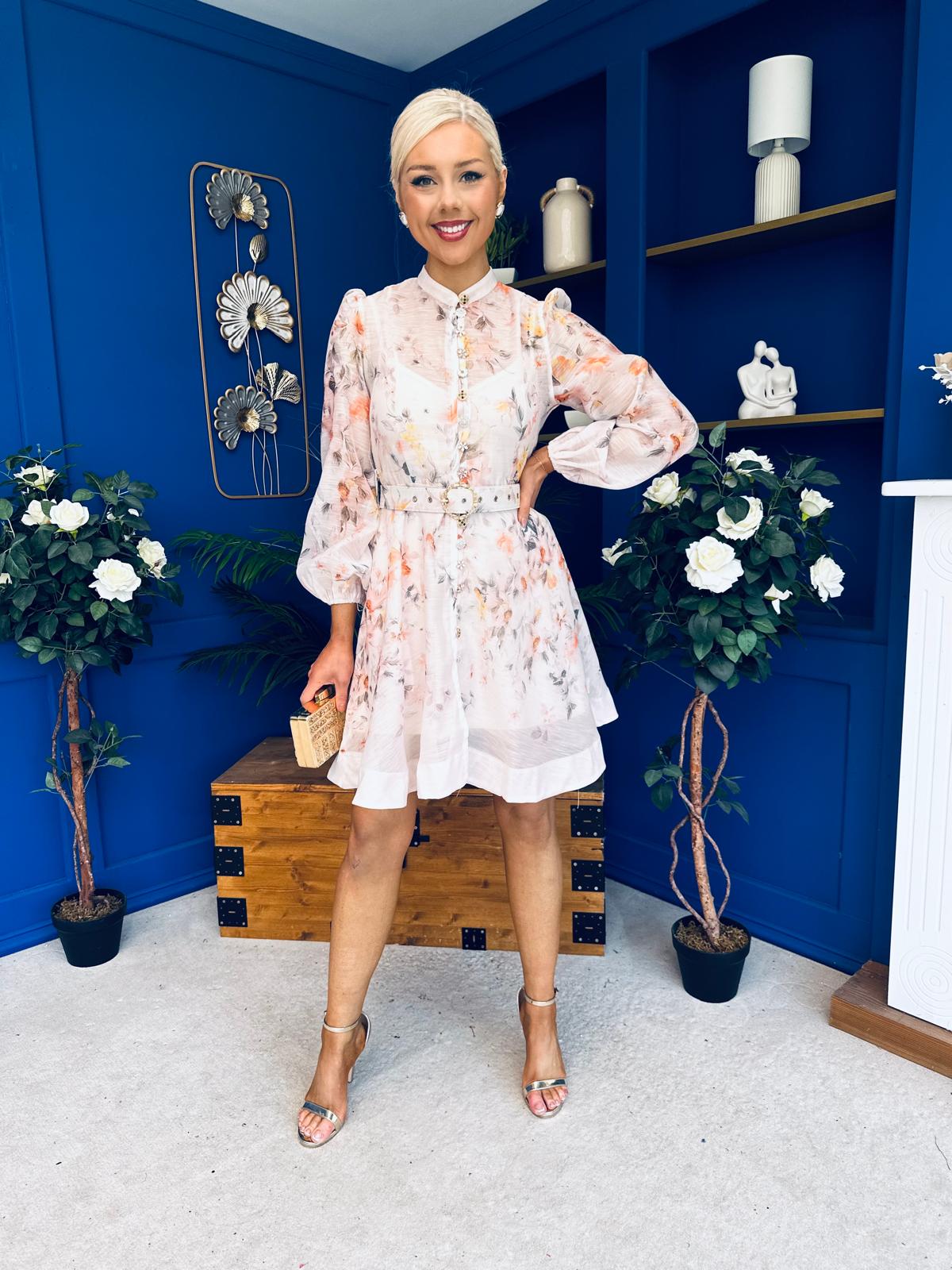 Haven Belted Mini Shirt Dress Floral Peach