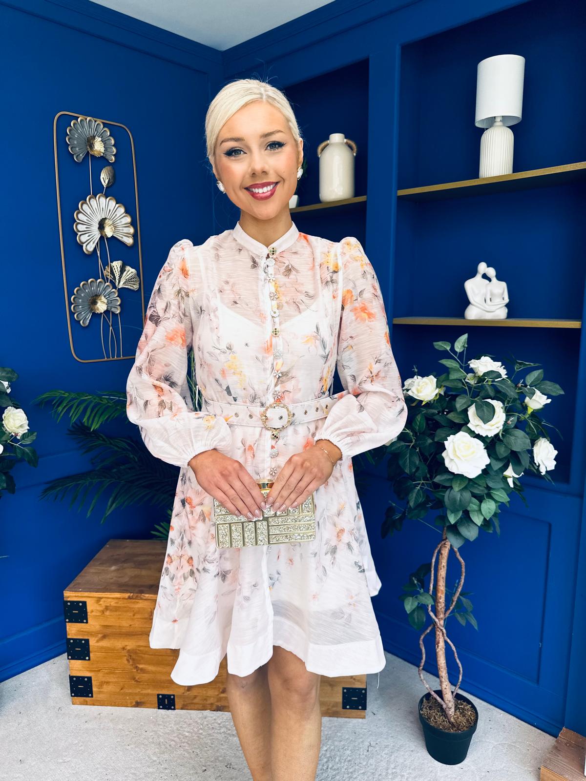 Haven Belted Mini Shirt Dress Floral Peach