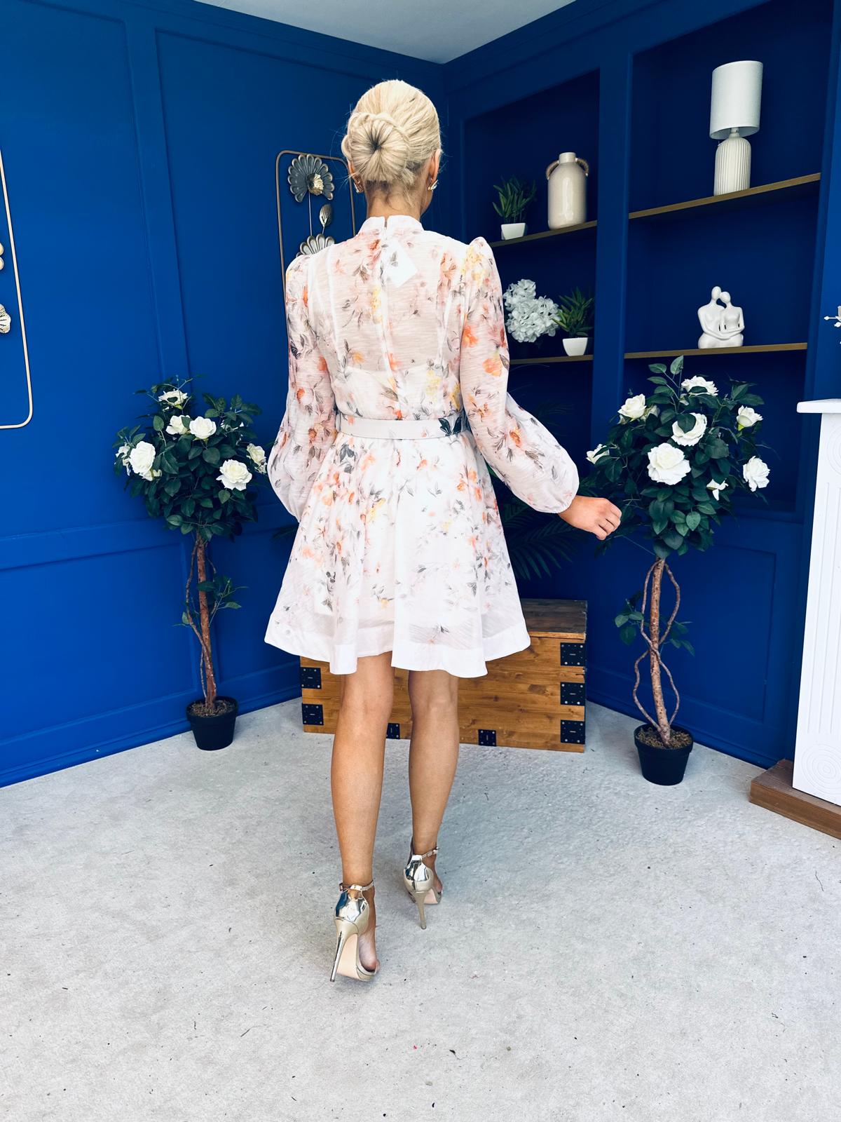 Haven Belted Mini Shirt Dress Floral Peach