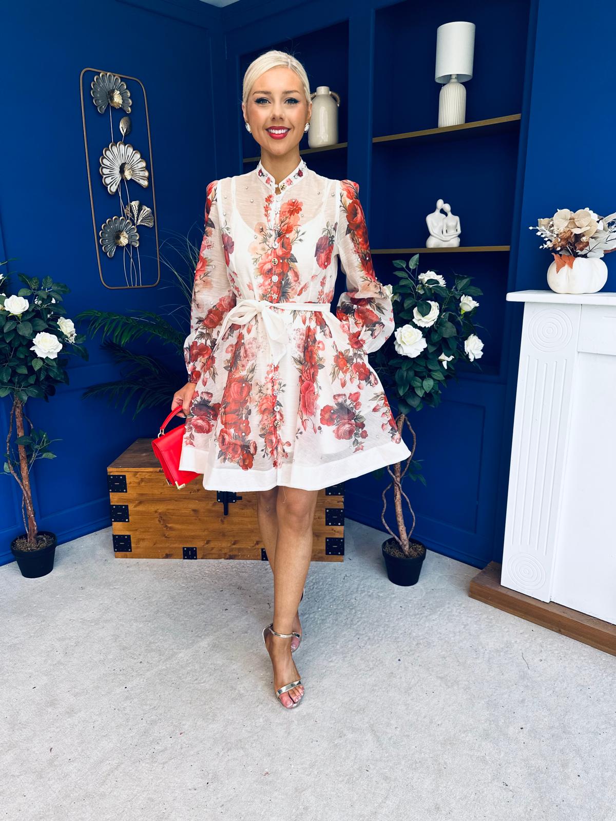 Riley Embellished Mini Shirt Dress Floral Rose
