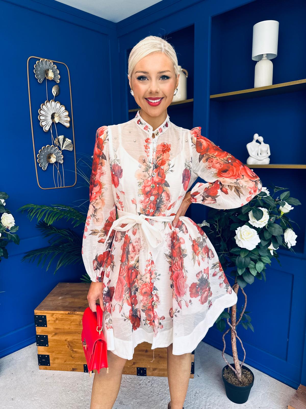Riley Embellished Mini Shirt Dress Floral Rose