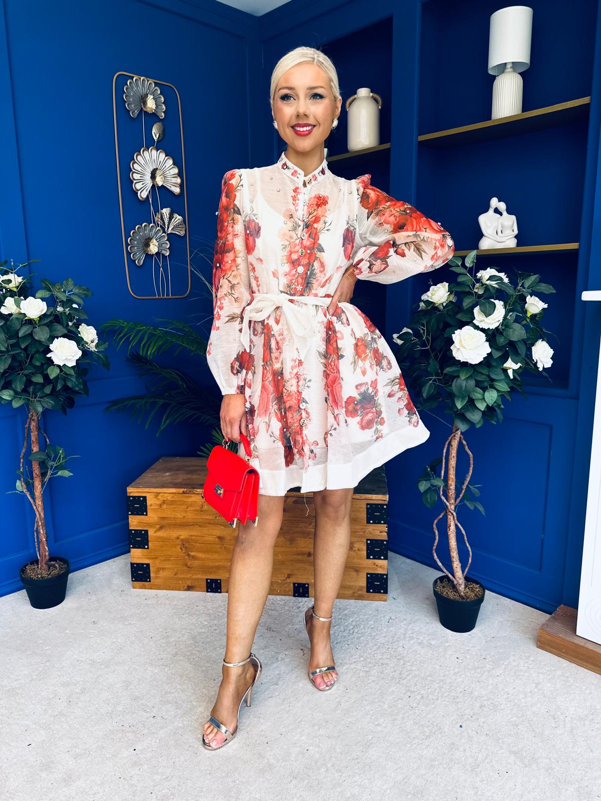 Riley Embellished Mini Shirt Dress Floral Rose
