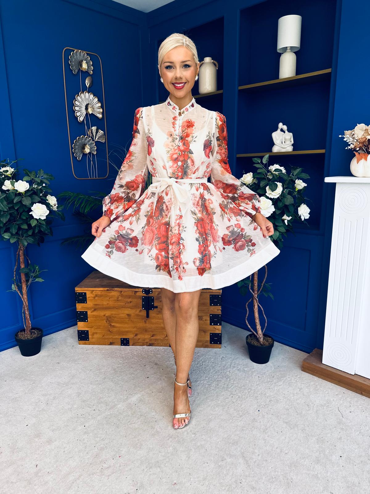 Riley Embellished Mini Shirt Dress Floral Rose