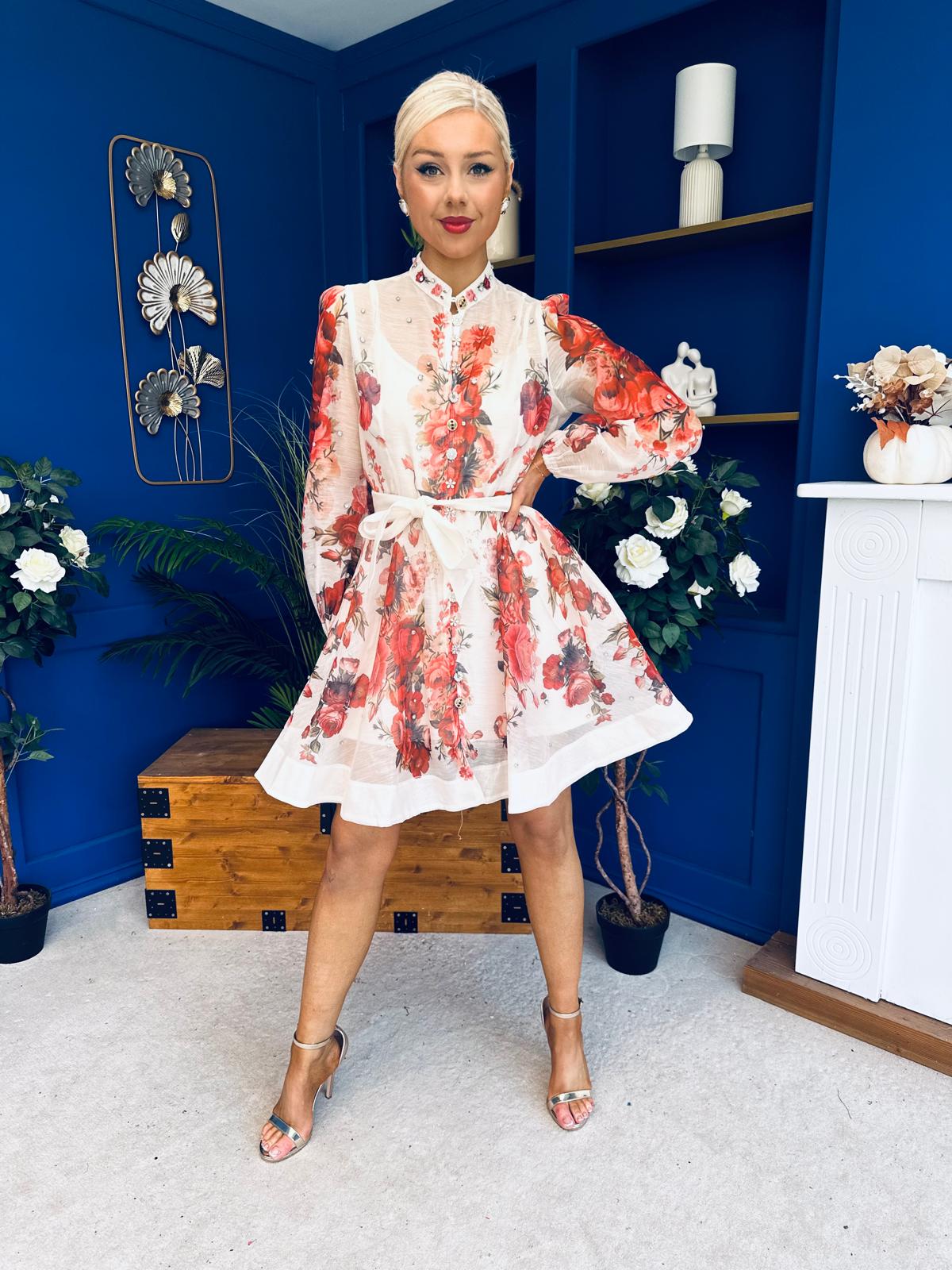 Riley Embellished Mini Shirt Dress Floral Rose