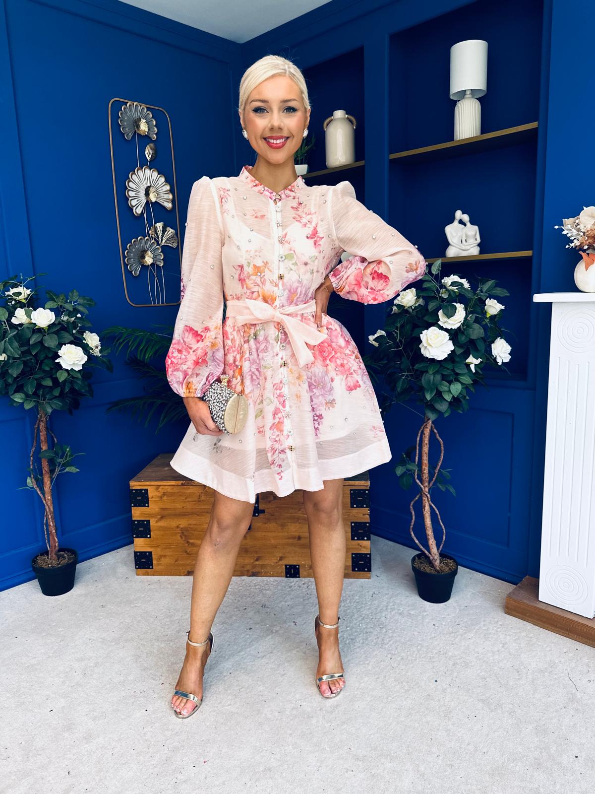 Alanis Embellished Mini Shirt Dress Floral