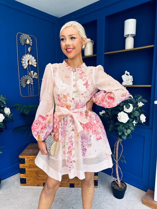 Alanis Embellished Mini Shirt Dress Floral