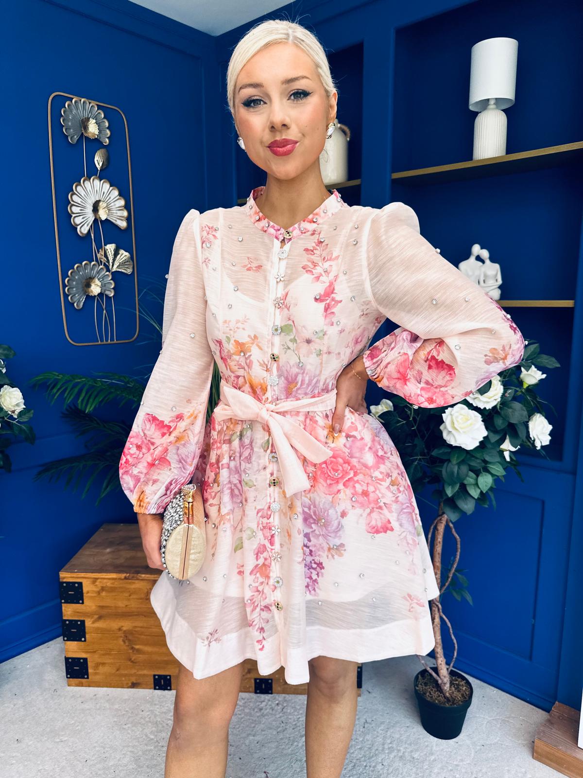 Alanis Embellished Mini Shirt Dress Floral