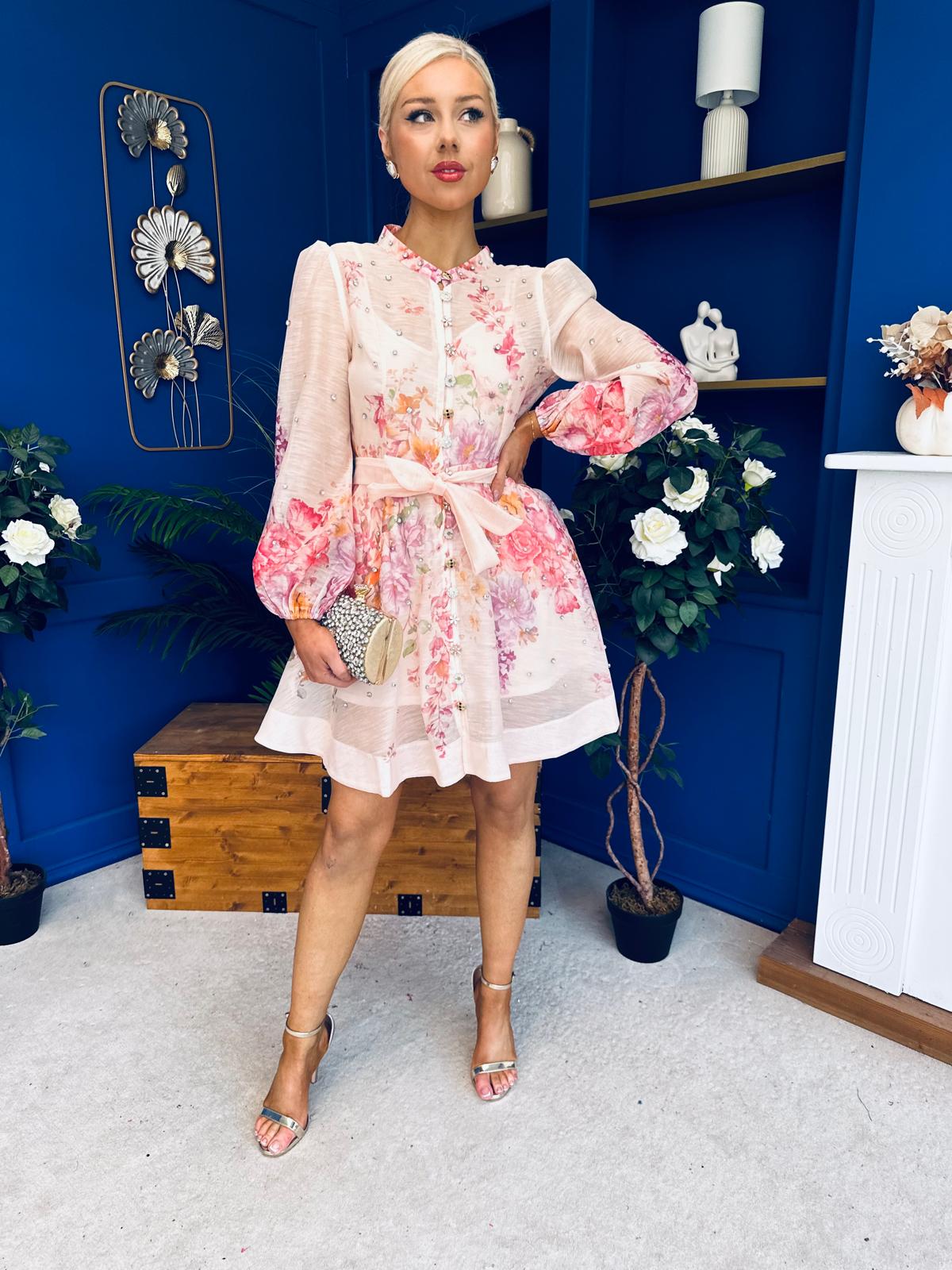 Alanis Embellished Mini Shirt Dress Floral
