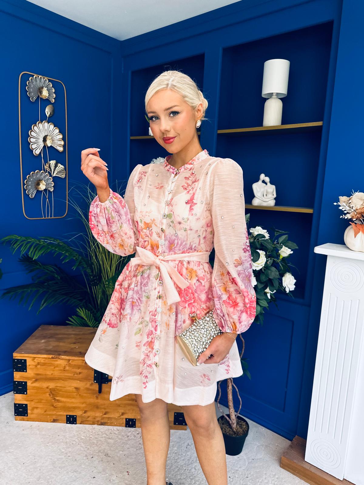 Alanis Embellished Mini Shirt Dress Floral