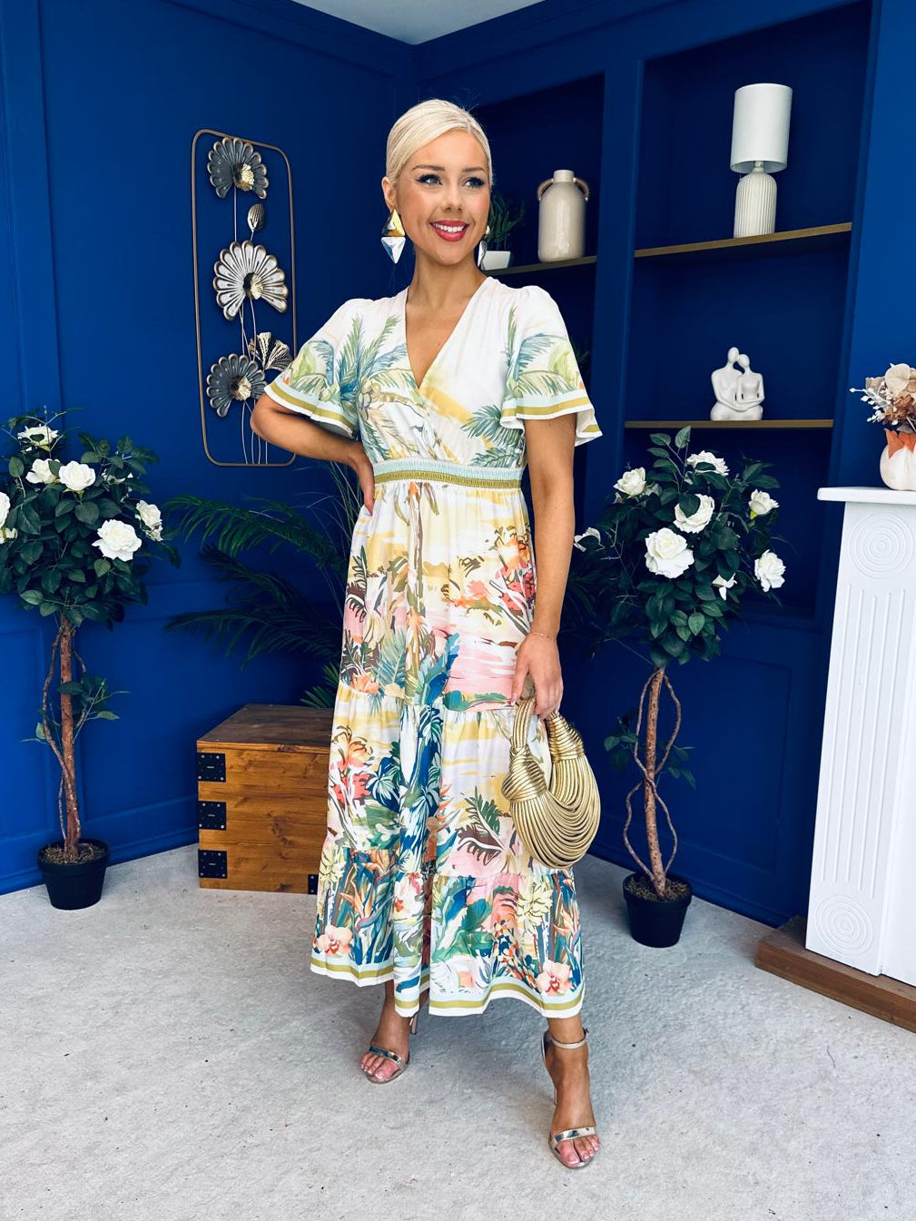 Wilma Banded Midi Dress Floral Green