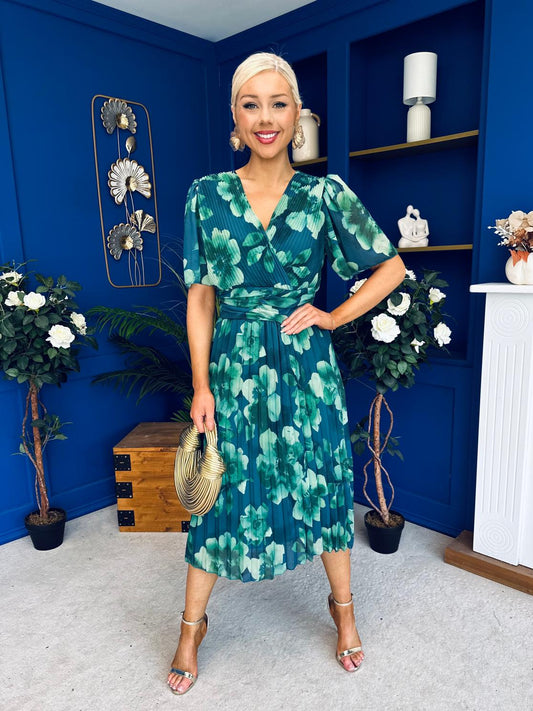 Saorlaith Pleated Midi Dress Floral Green