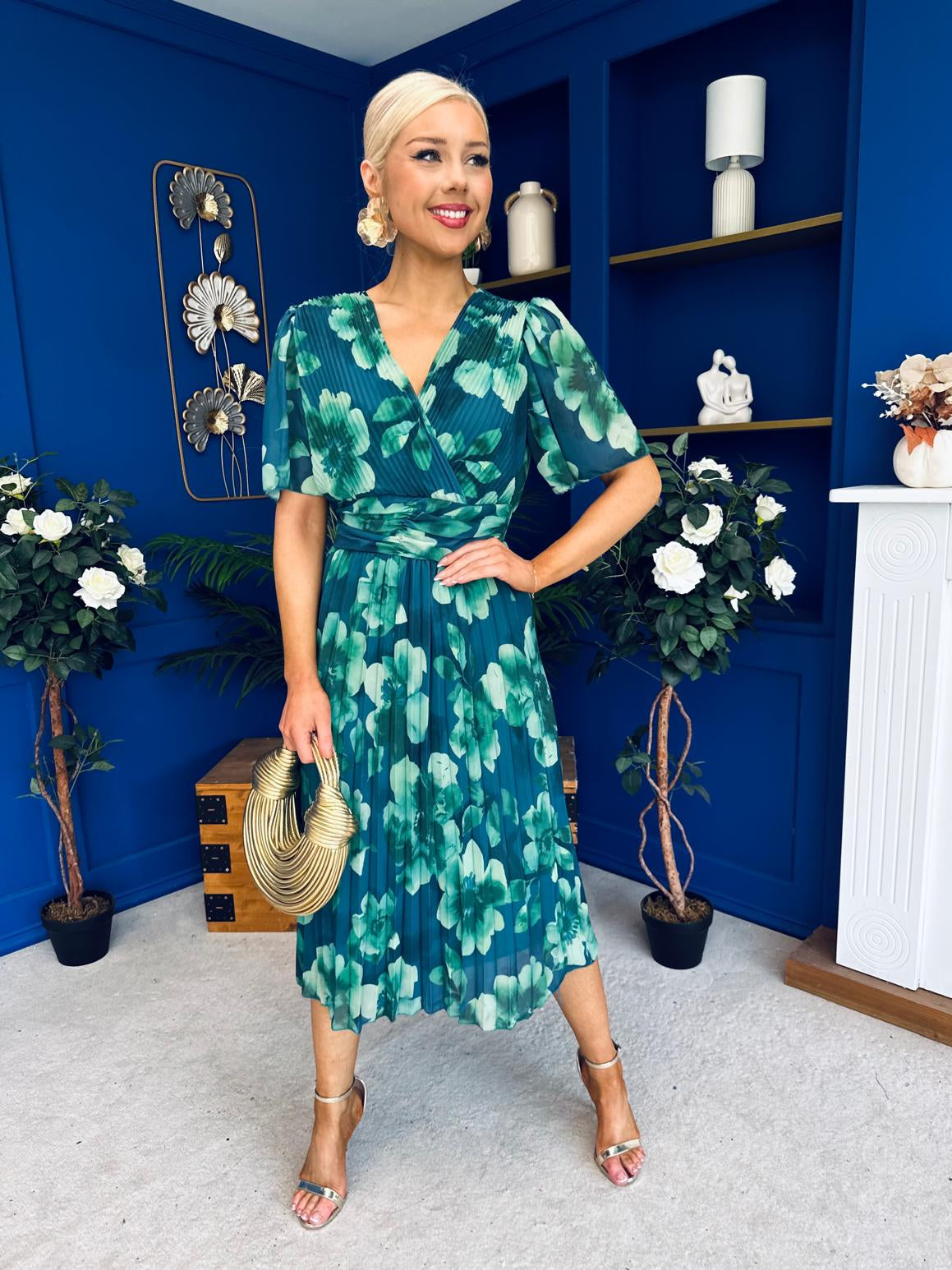 green emerald velvet dress Saorlaith Pleated Midi Dress Floral Green