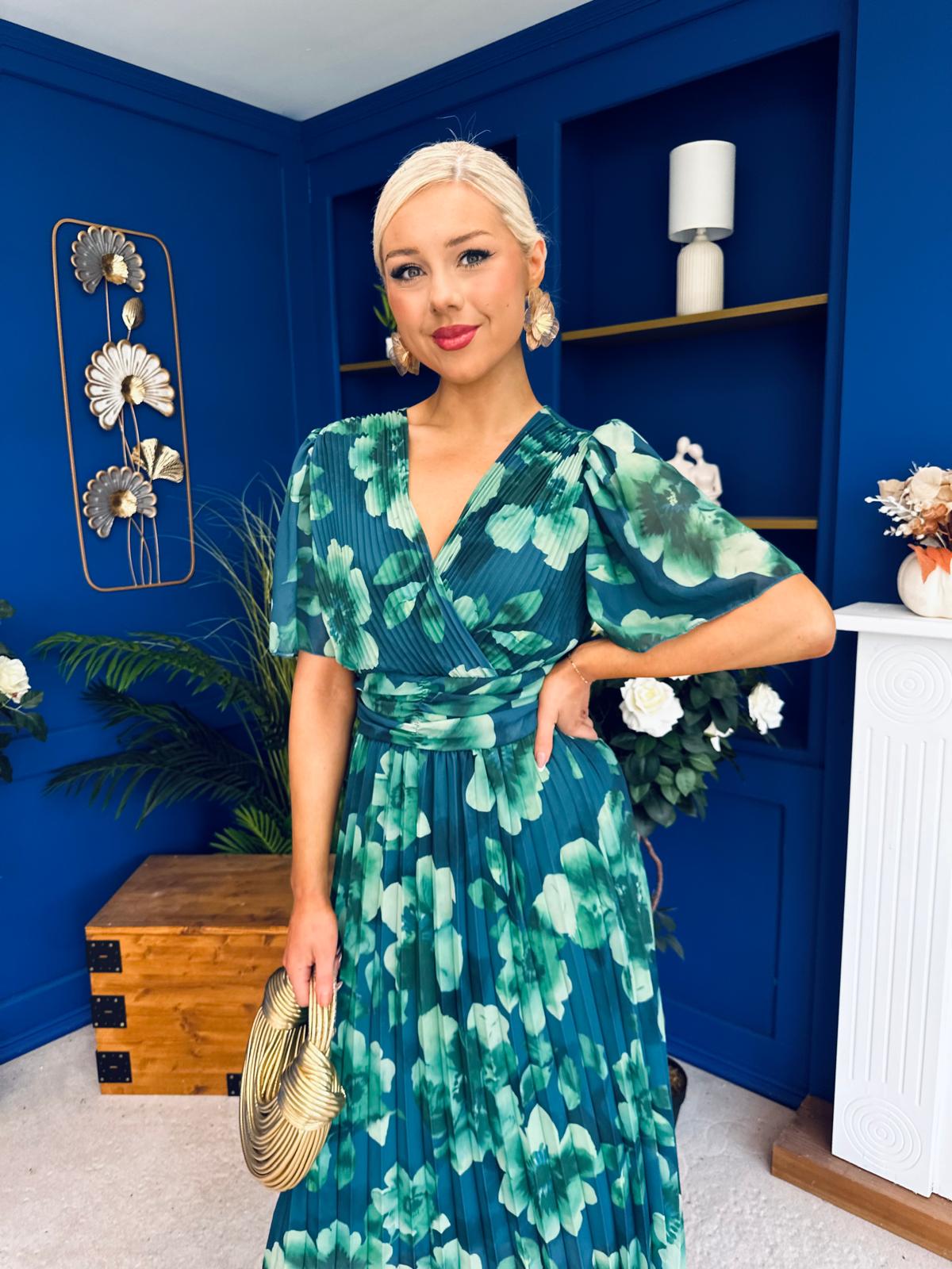 Saorlaith Pleated Midi Dress Floral Green